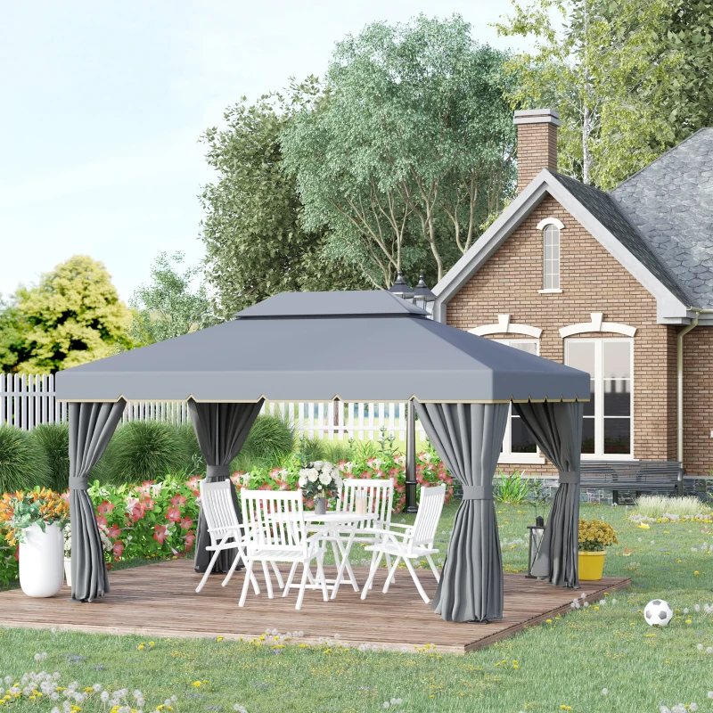 Outsunny Cenador de Jardín 4x3m Pabellón de Jardín Gazebo con Doble Techo Estructura de Aluminio UPF50+ para Exterior Gris