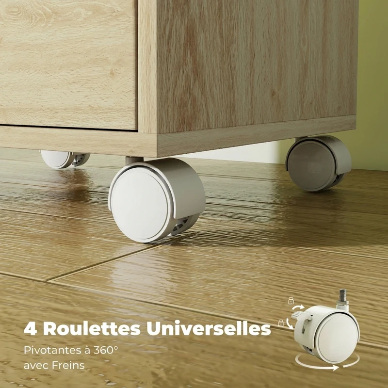 HOMCOM Caisson de Bureau Mobile 6 Tiroirs Silencieux, Support d'Imprimante, Poignées Encastrées, 40 x 35 x 63 cm, Chêne