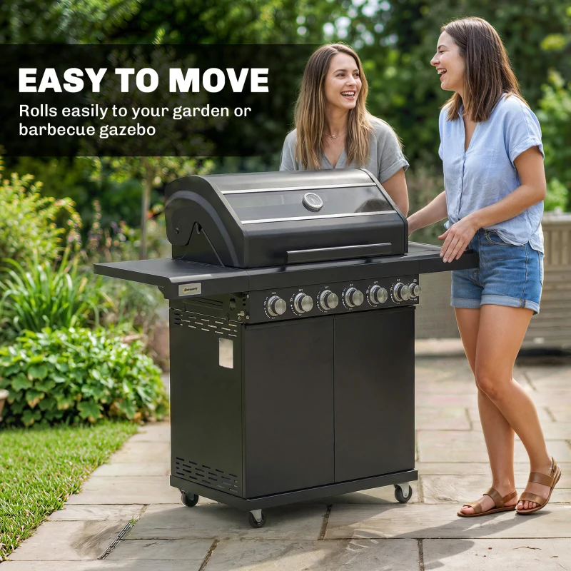 Outsunny 6+1 Burner Gas BBQ Grill, Outdoor Barbecue Trolley with Wheels, Warming Rack, Thermometer, Bottle Opener, Black