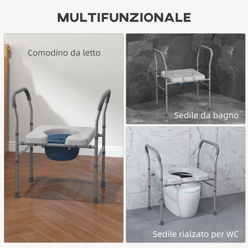 HOMCOM Sedia Comoda WC per Anziani e Disabili 4 in 1 Regolabile in Altezza con Braccioli Imbottiti, Grigio