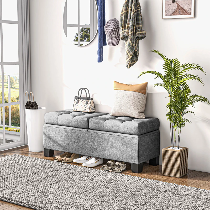 HOMCOM Panca Fondoletto Contenitore in Tessuto con Imbottitura Trapuntata, 116x41x47cm, Grigio