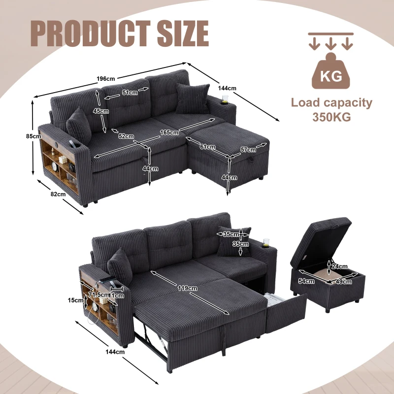 Modern Corduroy Sofa Bed with Pull-Out Bed, Storage and LED Lighting, Plush Sleeper Couch for Living Rooms, 196L × 82W × 85H cm, Dark Gray