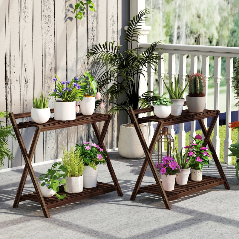 Outsunny Set 2 Portapiante a 2 Livelli con Design a Doghe in Legno di Abete, 73x36x64 cm, Marrone Bruciato