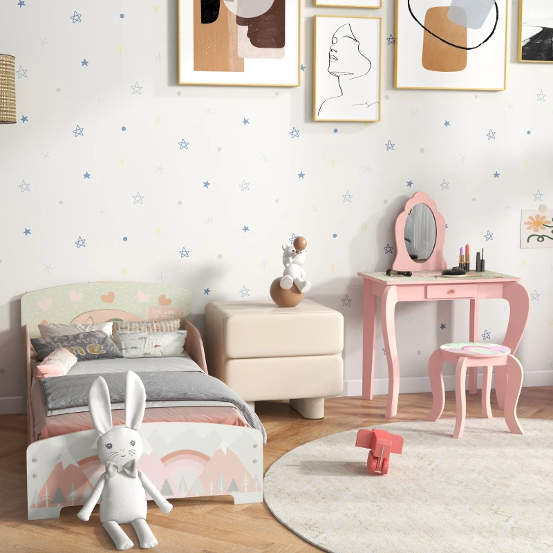 ZONEKIZ Toddler Bed Frame, Kids Dressing Table with Mirror and Stool, Cute Animal Design Kids Bedroom Furniture Set for Ages 3-6 Years, Pink
