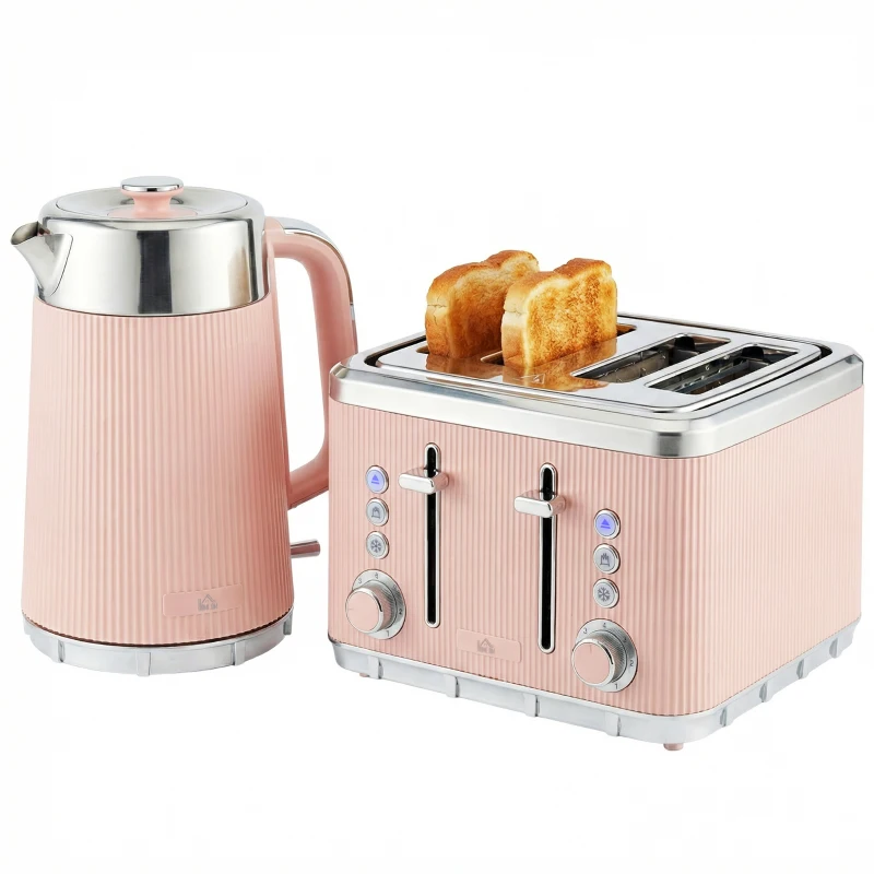 HOMCOM Electric Stainless Steel Kettle and Toaster Set, 3000W 1.7L UK Strix Thermostat Fast Boil Kettle Pink