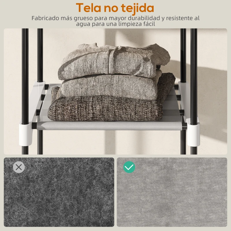 HOMCOM Armario de Ropa 182x43x185 cm Armario Abierto con 8 Estantes de Tela Barras para Colgar Marco de Metal Gris Claro