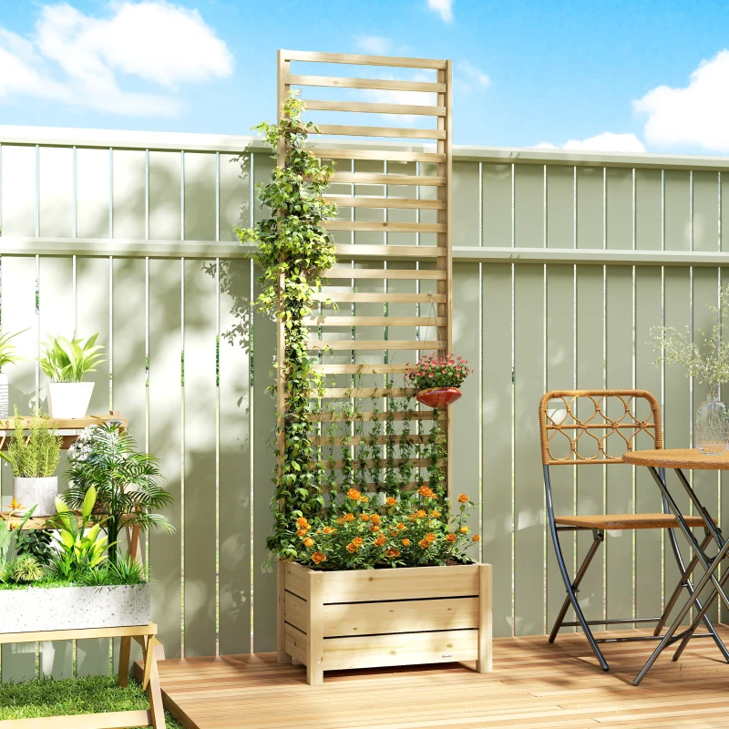 Outsunny Hochbeet mit Rankgitter Holz erhöhter Blumenkasten mit Spalier Abflussloch Vliesstoff 60 x 39 x 200 cm Naturholz
