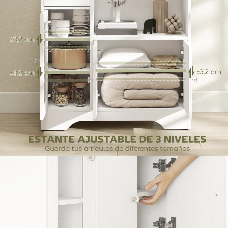 HOMCOM Aparador de Cocina Moderno con Puerta de Vidrio Mueble Auxiliar de Almacenaje para Comedor 80x30x82 cm Blanco