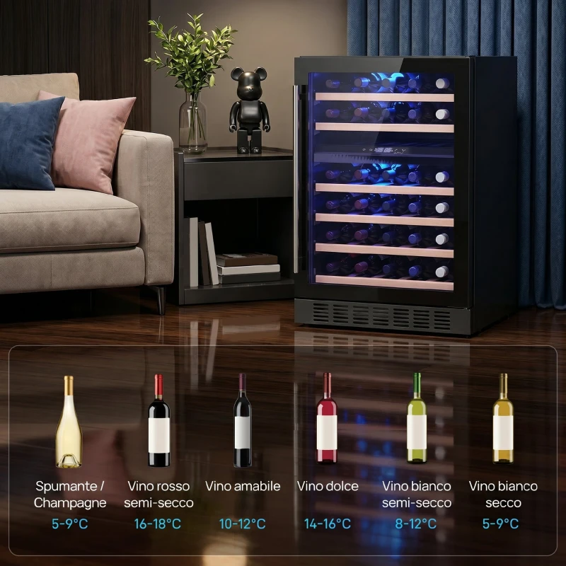 HOMCOM Cantinetta Vino Doppia Temperatura 5–18 °C 46 Bottiglie 131L con Porta in Vetro Temperato Triplo, Nero