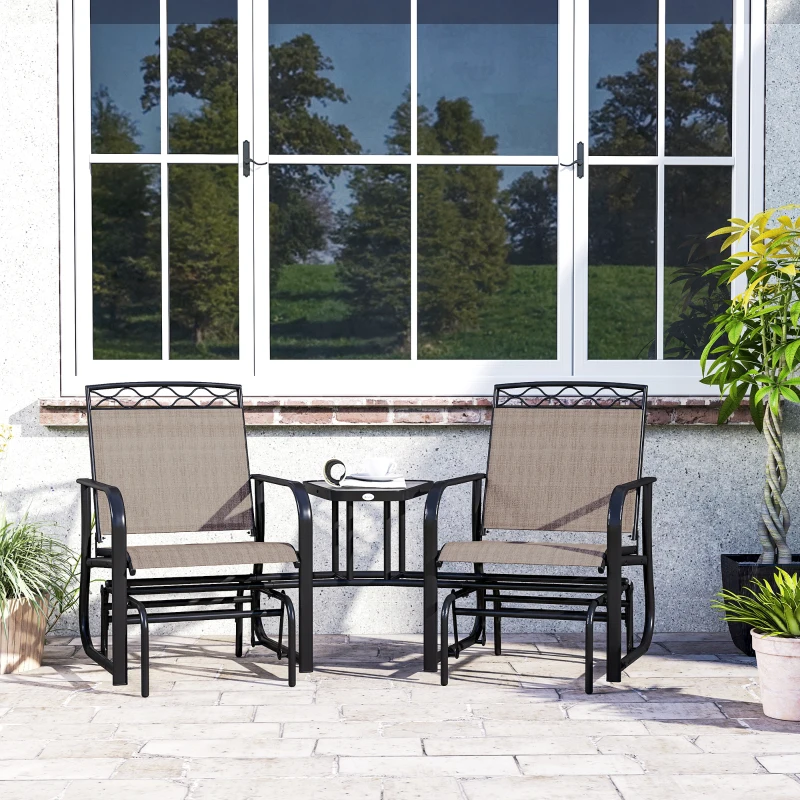 Outsunny Double Outdoor Glider Chair, 2 Seater Patio Rocking Chairs, Swing Bench with Tempered Glass Table, Breathable Mesh Fabric for Backyard, Garden, Porch, Brown