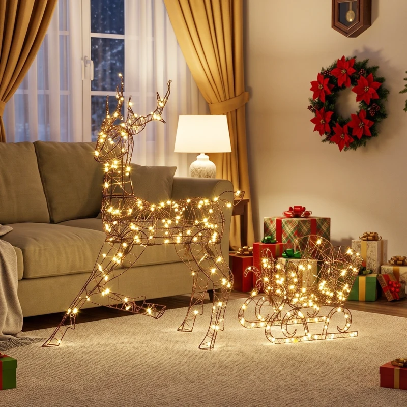 Outsunny Beleuchtetes Rentier- und Schlitten-Set, 2-teilige Weihnachtsdeko aus Polyrattan für außen, mit LEDs, 8 Modi, Timer