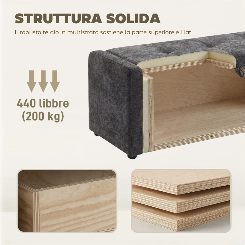 HOMCOM Cassapanca 142L Pouf Contenitore, Seduta Ampia Imbottita, in Lino, Capacità 200 kg, Grigio Scuro