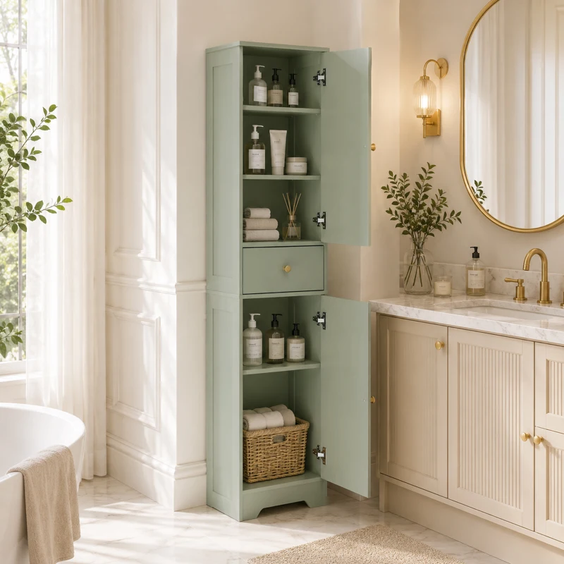 HOMCOM Tall Bathroom Cabinet with Arched Doors - Light Green