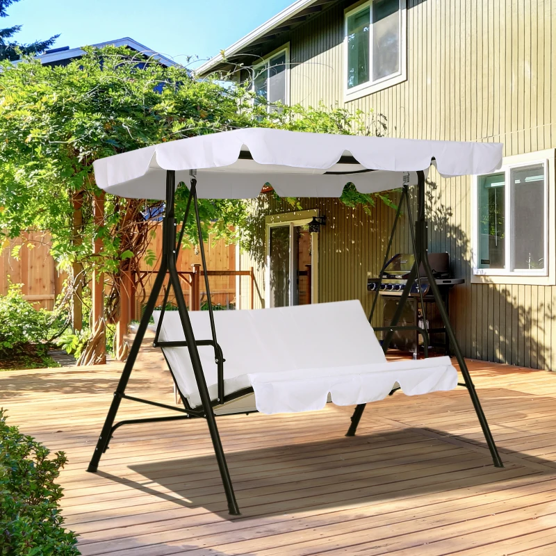 Outsunny Balancelle de Jardin 3 Places Toit Inclinaison réglable Coussins Assise et Dossier 1,72L x 1,1l x 1,52H m Acier Noir Polyester Blanc