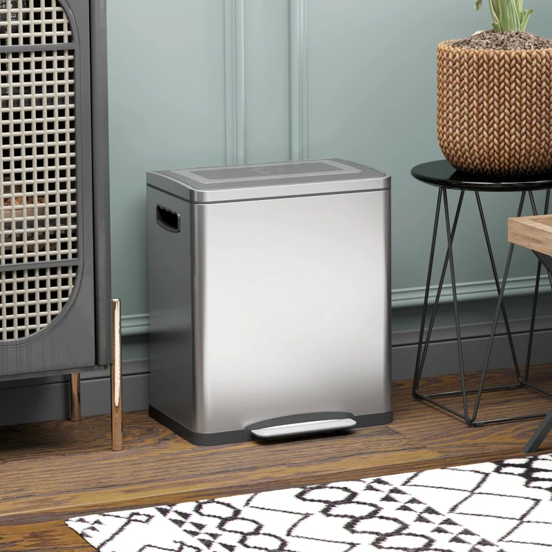 HOMCOM Bidone Immondizia a 2 Sezioni da 15L a Pedale con Coperchio Silenzioso, in Acciaio Inox e PP, 40x34.8x47.5 cm