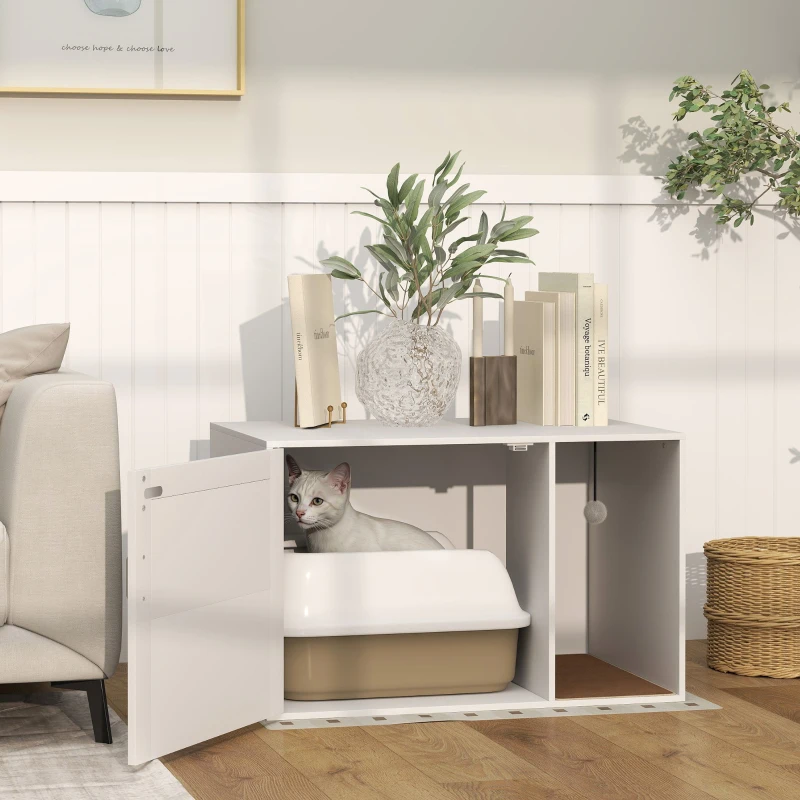 PawHut Maison de toilette chat meuble litière pour chat tapis griffoir porte avec poignées style bohème 80 x 50 x 50 cm blanc