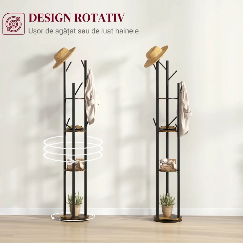HOMCOM Cuier rotativ de podea cu 8 cârlige și 4 rafturi, stil industrial, Ø30x175cm, maro