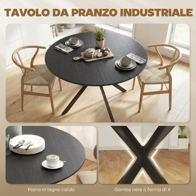 HOMCOM Tavolo da Pranzo Rotondo Stile Industriale con Gambe a Croce in Acciaio, Ø120x75 cm, Nero