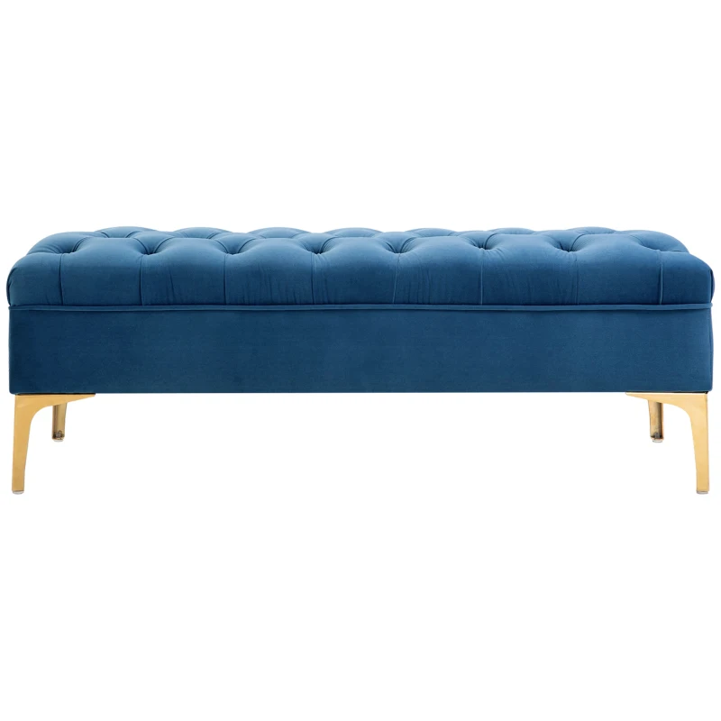 HOMCOM Panca Imbottita Fondoletto in Tessuto Vellutato e Base in Metallo Dorato, 118x45x42 cm, Blu