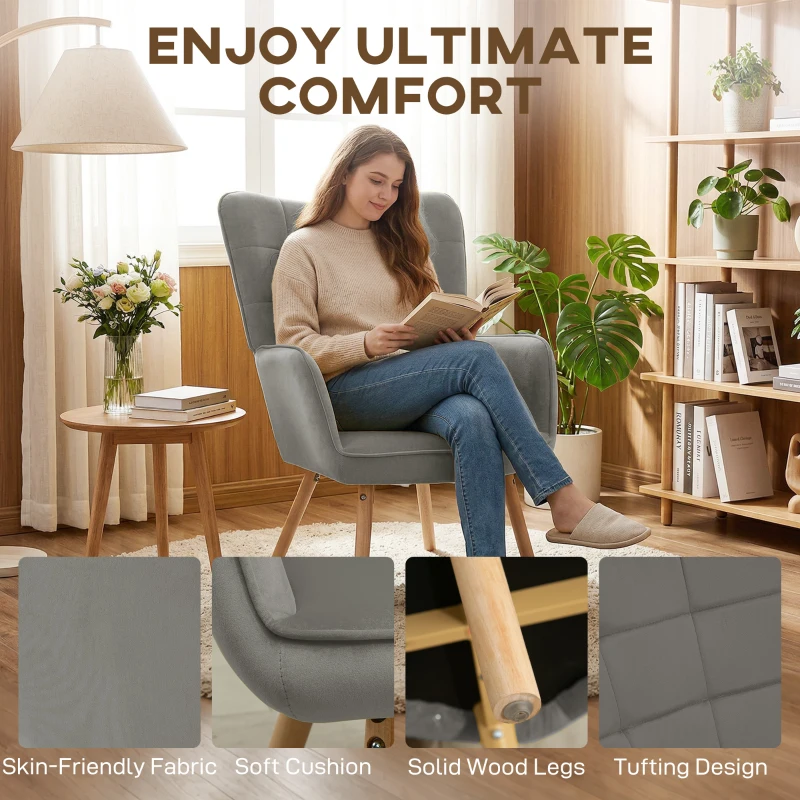 HOMCOM Modern Accent Chair, Upholstered High Back Armchair with Tufted Wingback, Seat Padding, Velvet Leisure Lounge Bedroom Chair with Wood Legs, Grey
