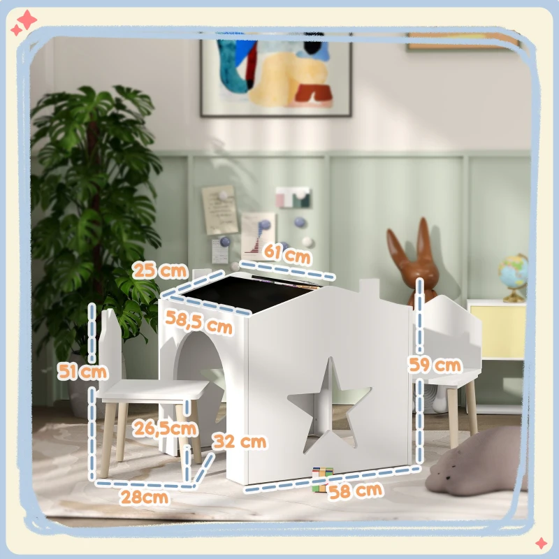 AIYAPLAY Ensemble 1 table et 2 chaise 3 pièces pour enfants, plateau de tableau noir, MDF et pieds en pin, pour 3-8 ans, blanc