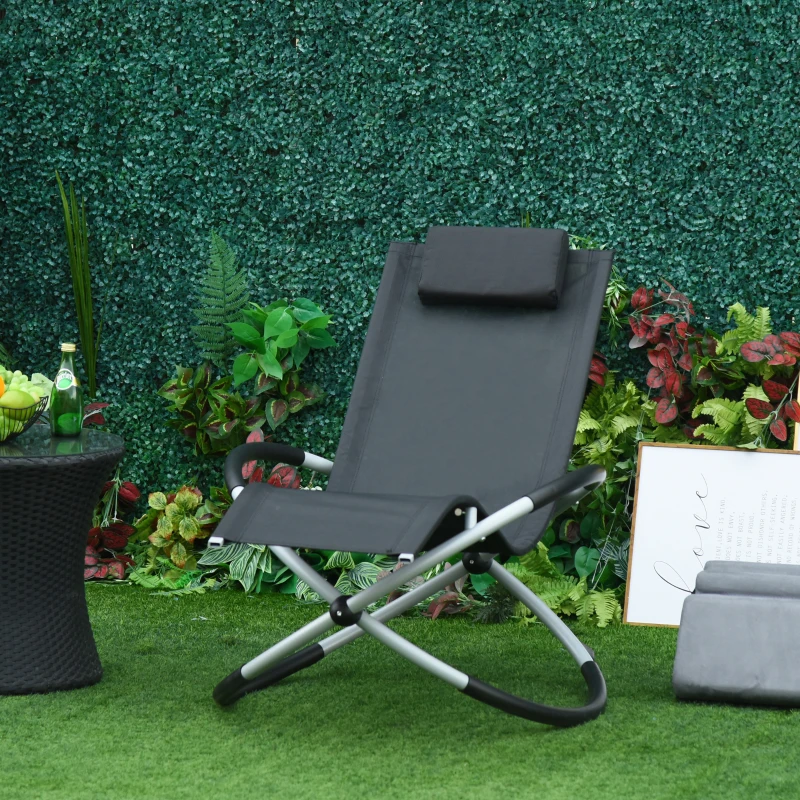 Outsunny Chaise Longue à Bascule Pliable Rocking Chair avec Matelas revêtement Aspect Daim métal textilène Gris Noir