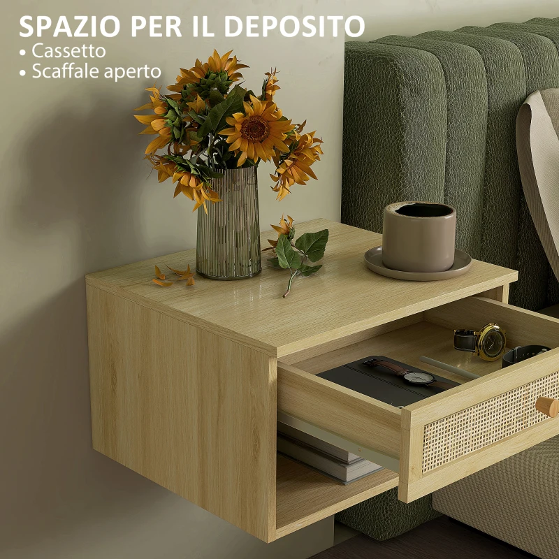 HOMCOM Set 2 Comodini con Cassetto e Ripiani Aperti in stile Boho, in Truciolato e Rattan, 40x34x23 cm