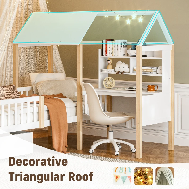 Modern House-Shaped Kids Bed Frame with L-Shaped Desk, Solid Wood Loft Bed with Roomy Rolling Drawers, 195L x 90W x 164.5H cm, White