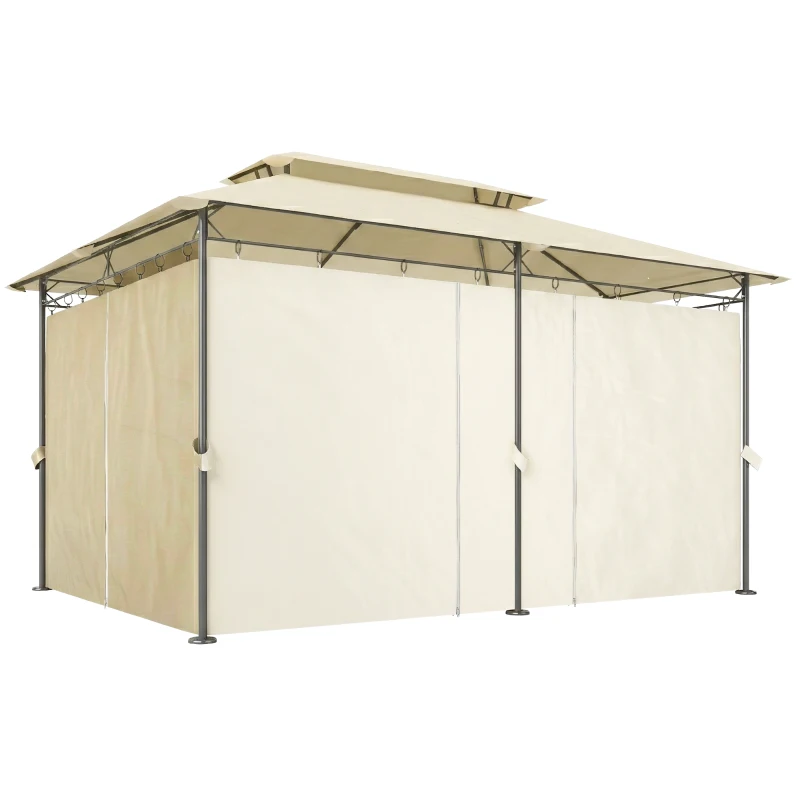 Outsunny Cenador de Jardín de 4x3 m con Doble Techo Paredes Laterales Resistente al Agua para Exterior Terraza Beige