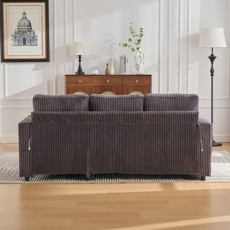 Modern Corduroy Sofa Bed with Pull-Out Bed, Storage and LED Lighting, Plush Sleeper Couch for Living Rooms, 196L × 82W × 85H cm, Dark Gray