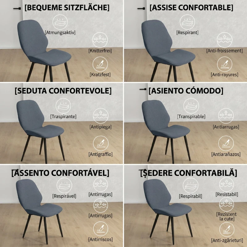 HOMCOM Set 2 Scaune de Luat Masa cu Spătar Curbat, în Material Textil de Tip In, Spumă și Oțel, 46x56x86 cm, Gri și Negru