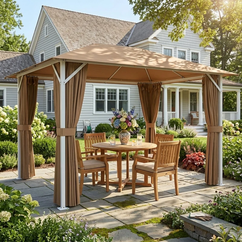 Outsunny Tonnelle de Jardin Pavillon Structure Stable en Métal 60mm Protection UV50+ et 10 Trous de Drainage 394x294x255cm Khaki
