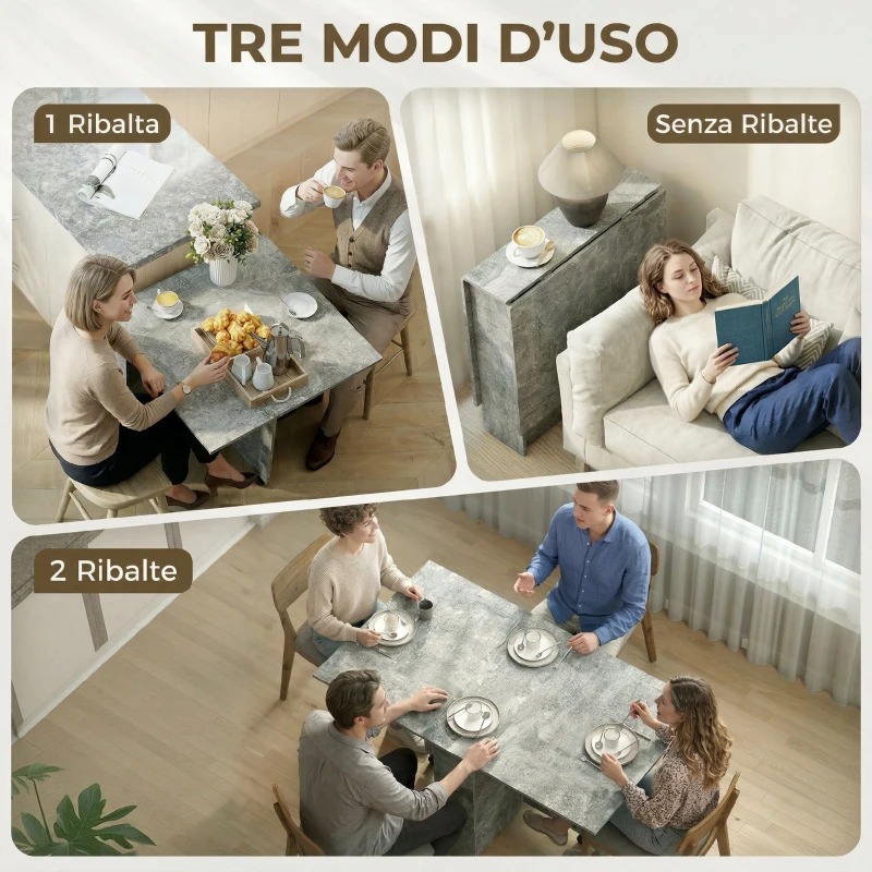 HOMCOM Tavolo da Pranzo Pieghevole con Ripiani, Ribalta e Ruote, Grigio Cemento