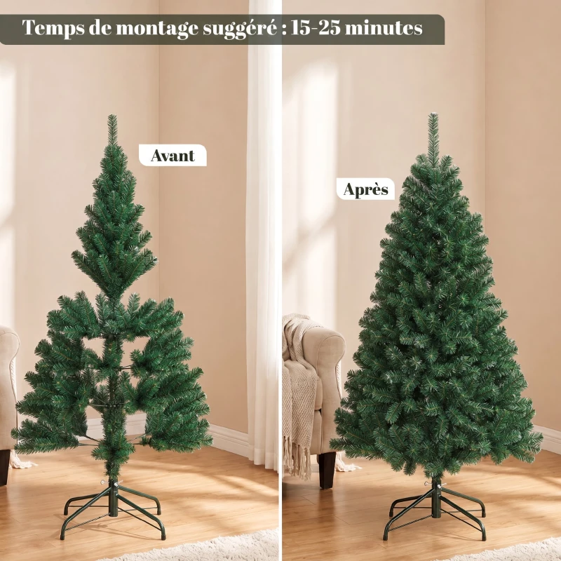 HOMCOM Sapin de Noël Artificiel 150 cm, Arbre de Noël avec 420 Pointes de Branches Articulées, Support Pliable en Acier, Vert