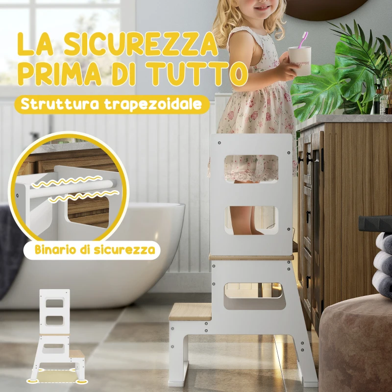 AIYAPLAY Torre Montessoriana per Bambini con Lavagna e Ringhiera, in Legno, 55x52.5x87.5 cm, Bianco e color Legno