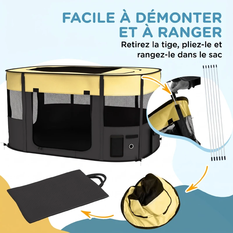 PawHut Parc pliable pour animaux de compagnie parc pour chiots en tissu Oxford avec fenêtres et portes sac de rangement jaune
