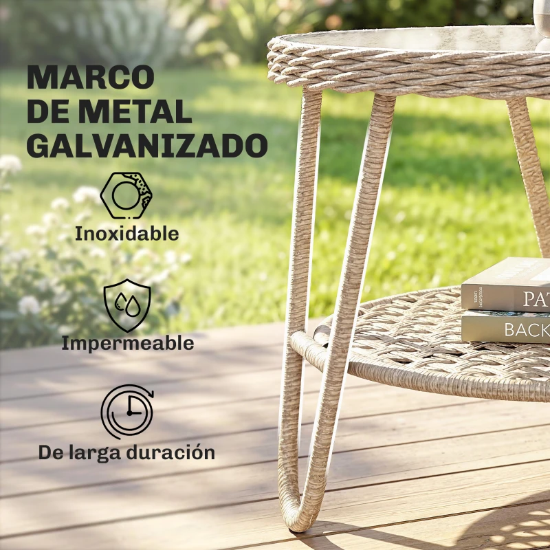 Outsunny Mesa de Jardín Exterior de Ratán Mesita Auxiliar de Jardín con Estante Tablero de Vidrio Templado 65x65x50 cm Amarillo