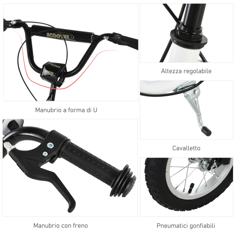 HOMCOM Monopattino con Manubrio Regolabile, Ruote Grandi, 2 Freni e Telaio in Metallo, per Bambini 5+ Anni, Max 100kg, 120x58x85-95cm, Bianco