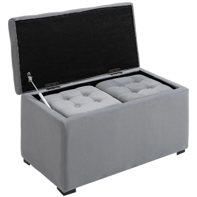 HOMCOM Banc Banquette Pouf Tabouret de Rangement avec 2 Petits Tabourets Peluche Courte 75 X 40 X 24cm Gris Clair