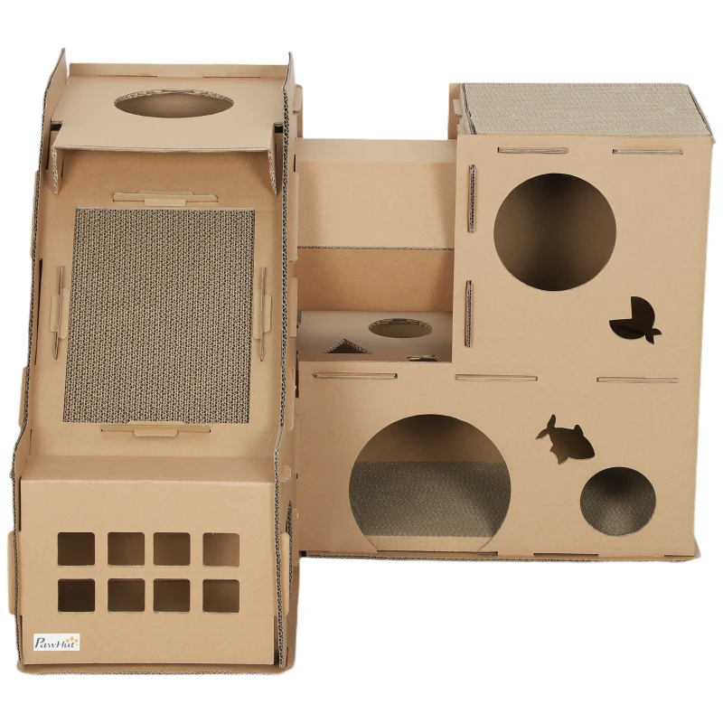 PawHut Casa para Gatos de Cartón Forma Castillo 2 Niveles con 3 Zonas de Rascado Túnel Rampa Incluye Hierba Marrón