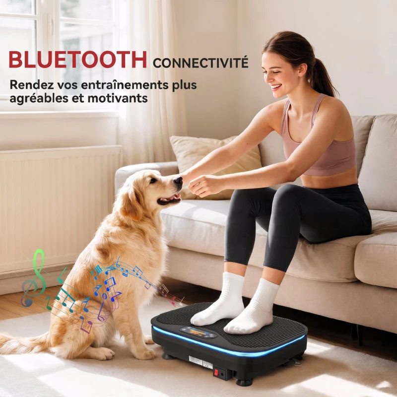 SPORTNOW Plateforme Vibrante avec Lumières, Bluetooth, 3 Programmes, 99 Vitesses, Télécommande, Écran LED, 47x32x12cm, Noir