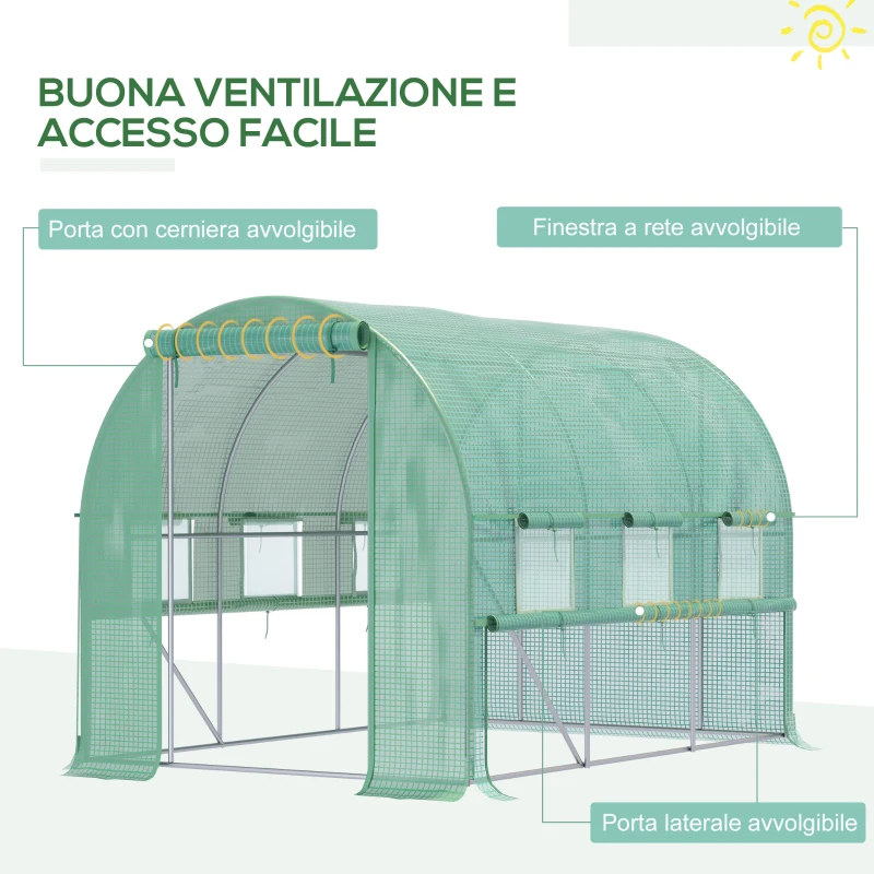 Outsunny Serra per Orto 3x2x2m in Acciaio e Copertura PE, Porte con Zip e Finestre a Rete, Verde