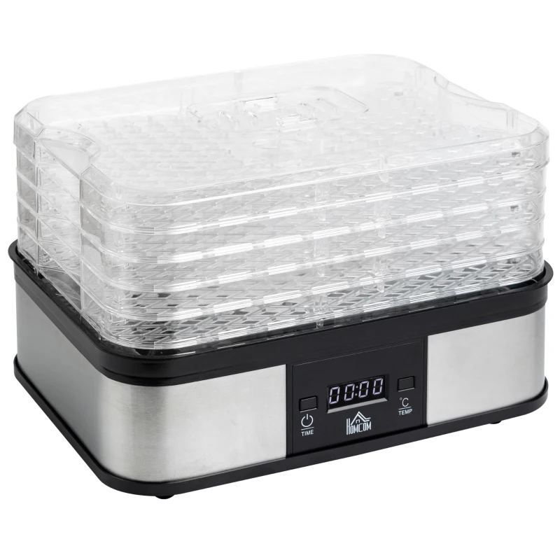 HOMCOM 5 Tier Food Dehydrator, 245W Stainless Steel Food Dryer Machine with Adjustable Temperature, Timer and LCD Display for Drying Fruit, Meat, Vegetable, Jerky and Pet Treat, Black