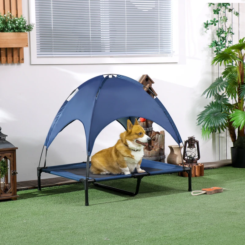 PawHut Hundebett mit Baldachin, Outdoor-Hundebett, klappbar, erhöhter Stand, Blau + Schwarz