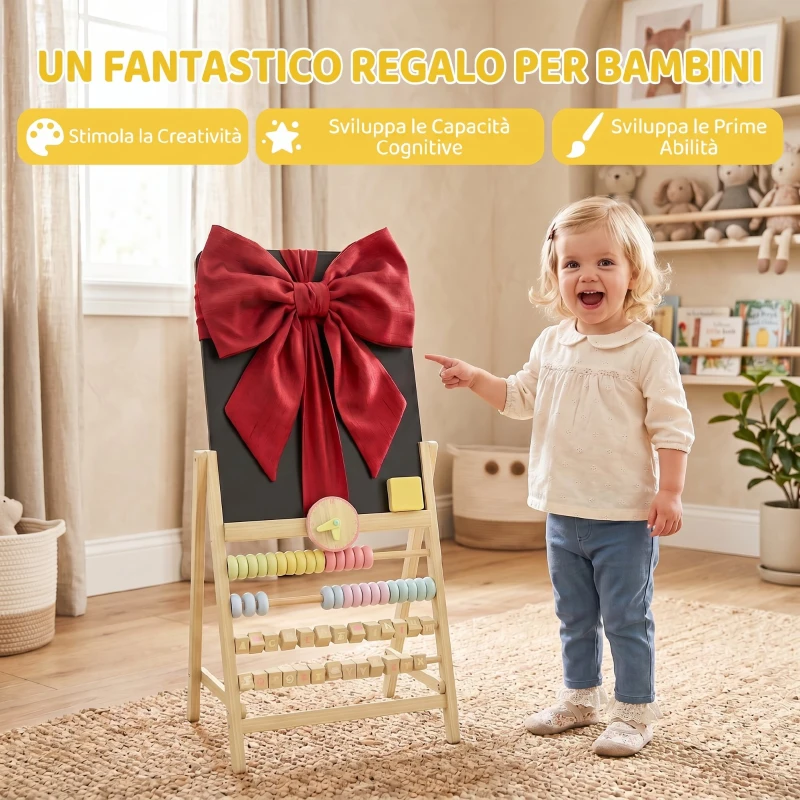 AIYAPLAY Lavagna per Bambini Cancellabile in Legno con Cavalletto, Orologio, Abaco, Cancellino, 2+ Anni, Color Legno
