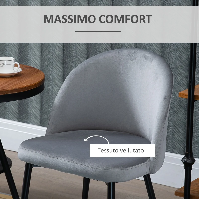 HOMCOM Set di 2 Sedie per Sala da Pranzo e Cucina Imbottite in Velluto, 49x50x77cm, Grigio