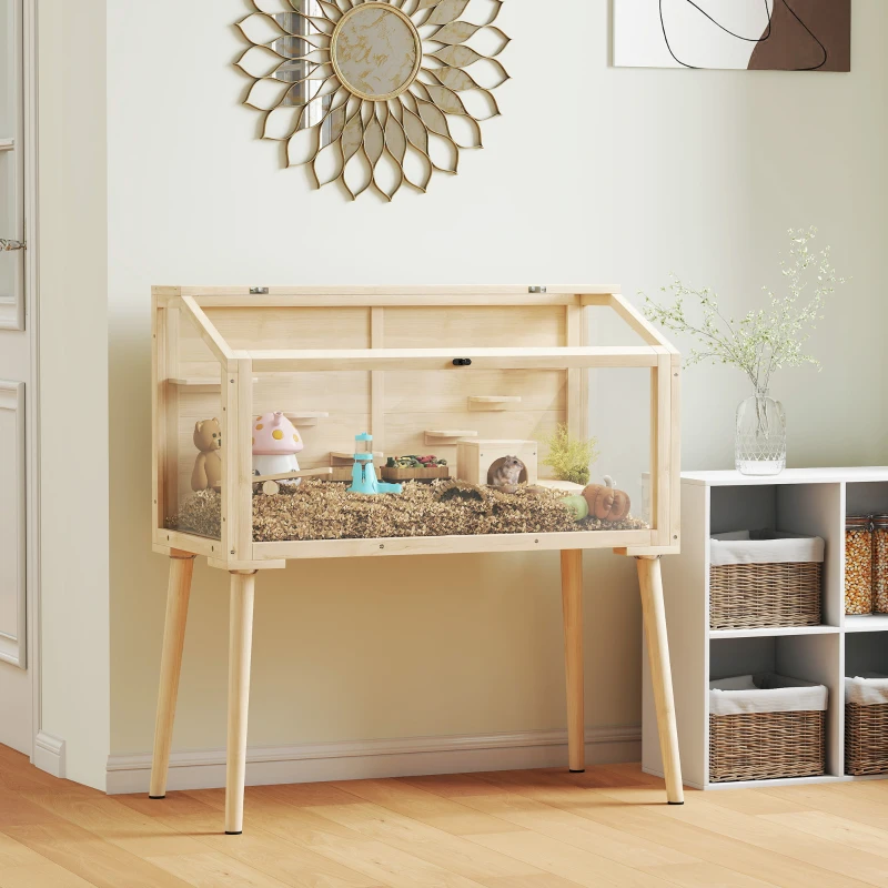 PawHut Wooden Hamster Cage, Hamster Habitat with Openable Top, Seesaws, Platforms, Water Bottle for Gerbils, 110 x 52 x 101 cm