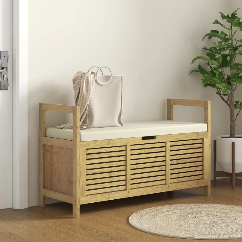 HOMCOM Banc de rangement avec compartiment caché sous assise pour entrée coussin et accoudoir 100 x 40 x 60 cm naturel
