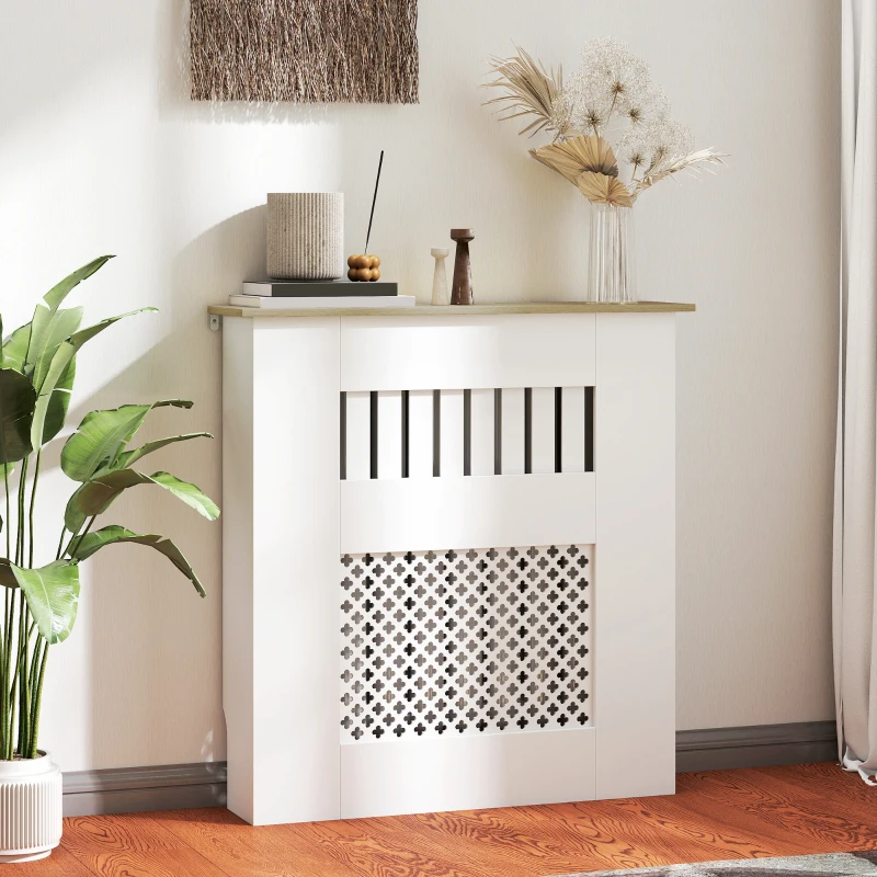 HOMCOM Couvercle de Radiateur en Bois à Lattes avec Détails Croisés et Étagère Supérieure, 78 x 19 x 81 cm, Blanc