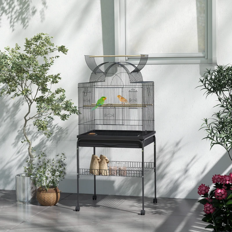 PawHut Vogelkäfig für Kanarienvögel & Wellensittiche, mobil, mit Bodenfach, Metallgitter, Schwarz